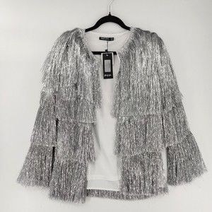 Nasty Gal Collection Metallic Jacket Womens 2 Silver Open Front Tiered Tinsel